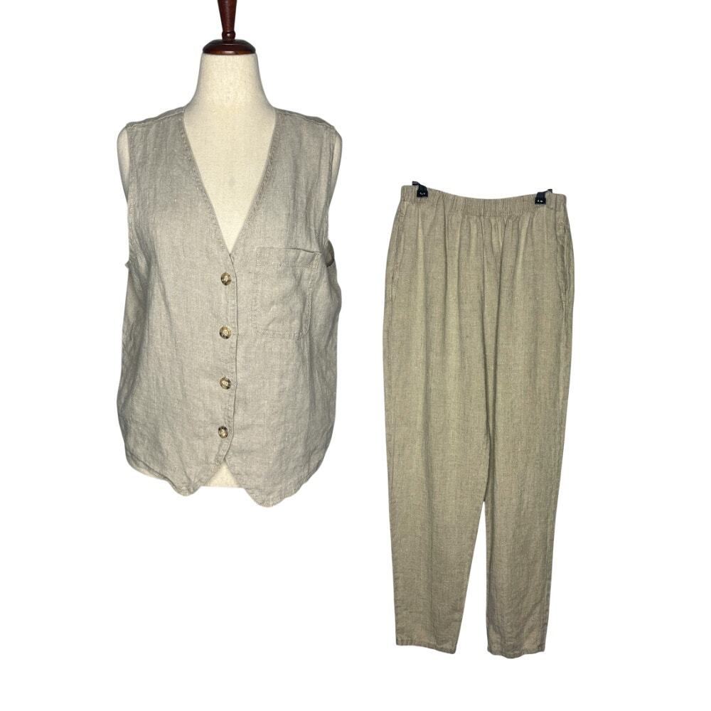 VTG Bay Street Vest and Pant Set Womens L Beige 100% Linen Made in USA Lagenlook